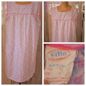vtg 60s SILIN Pink Cute Ditsy Floral House Lounge Apron Dress Muu Muu M USA EUC